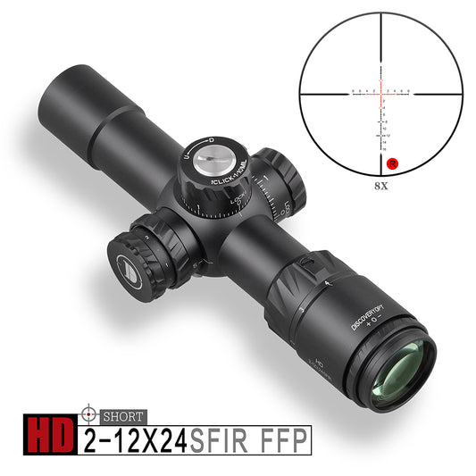 Discoveryopt HD 2-12X24SFIR First Focal Plane, Six Level Red Illuminated Reticle, Riflescope for Hunting with 30mm Tube