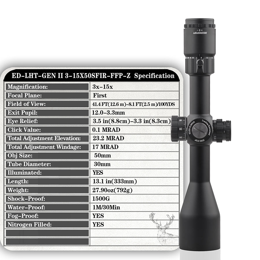 DISCOVERYOPT Optics ED GEN II 3-15x50SFIR Rifle Scope FFP 0.1 MRAD Illuminated Reticle 30mm Tube