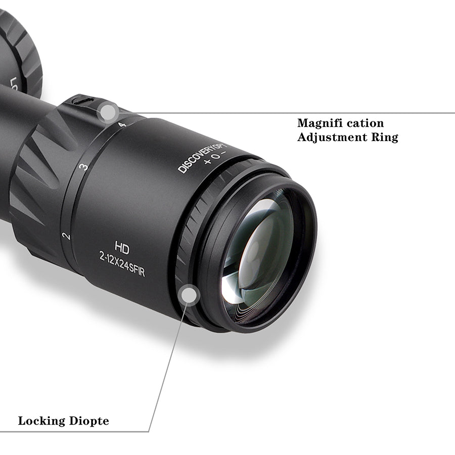 Discoveryopt HD 2-12X24SFIR First Focal Plane, Six Level Red Illuminated Reticle, Riflescope for Hunting with 30mm Tube