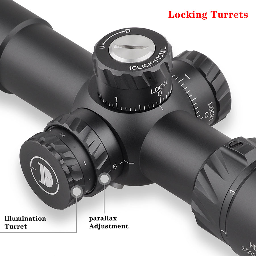 Discoveryopt HD 2-12X24SFIR First Focal Plane, Six Level Red Illuminated Reticle, Riflescope for Hunting with 30mm Tube