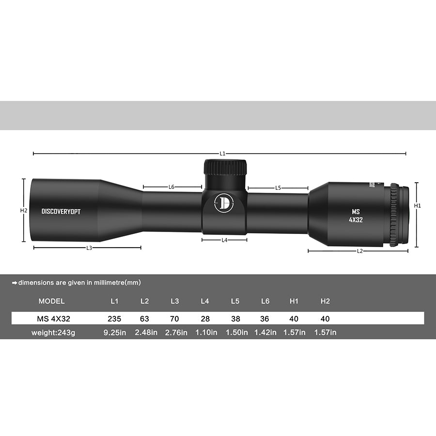 Discoveryopt Sport Optics 4x32mm Rifle Scope 1in Tube Second Focal Plane, Color: Black, Tube Diameter: 1 in