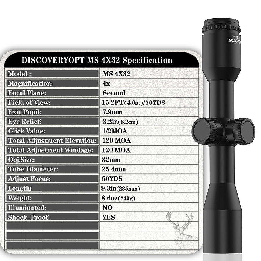 Discoveryopt Sport Optics 4x32mm Rifle Scope 1in Tube Second Focal Plane, Color: Black, Tube Diameter: 1 in