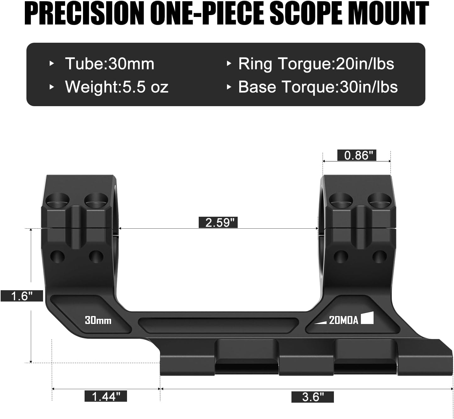 Cantilever Scope Mounts  | One-Piece 20 MOA 34mm or 30mm Tube for Picatinny Rail