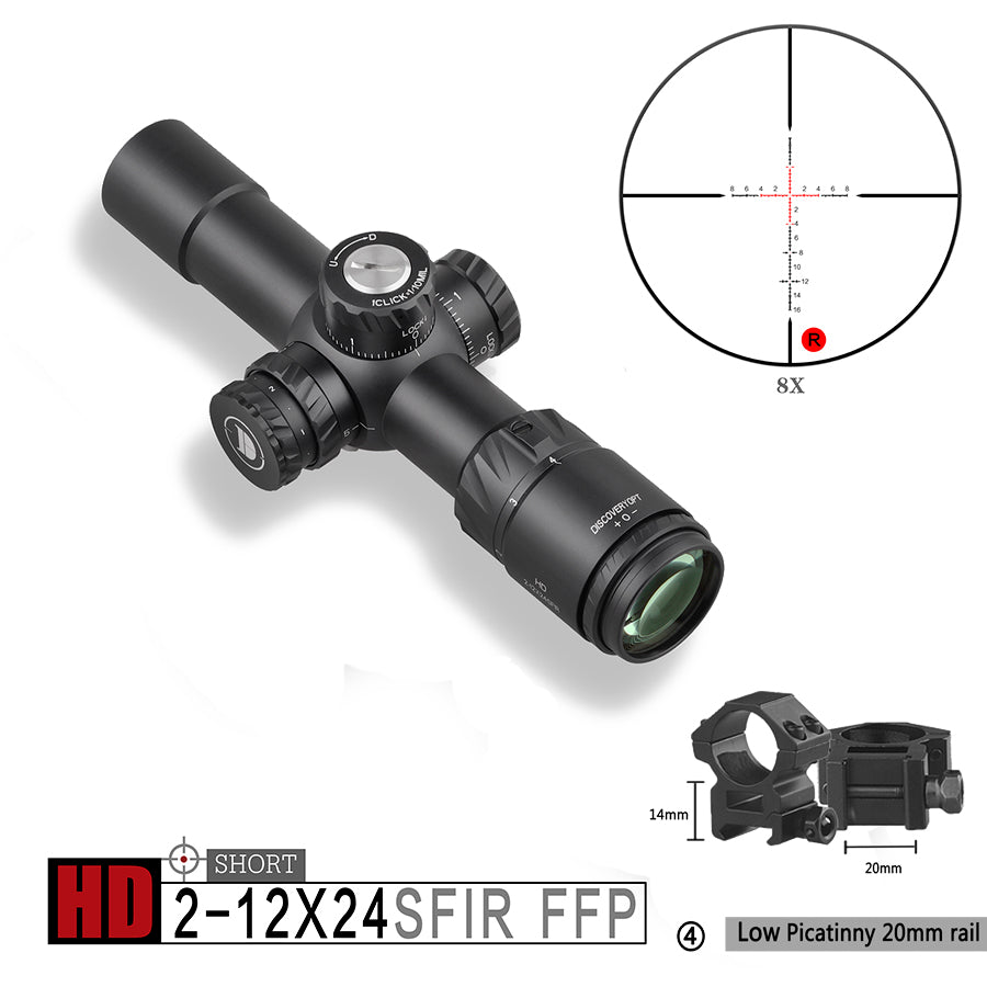 Discoveryopt HD 2-12X24SFIR First Focal Plane, Six Level Red Illuminated Reticle, Riflescope for Hunting with 30mm Tube